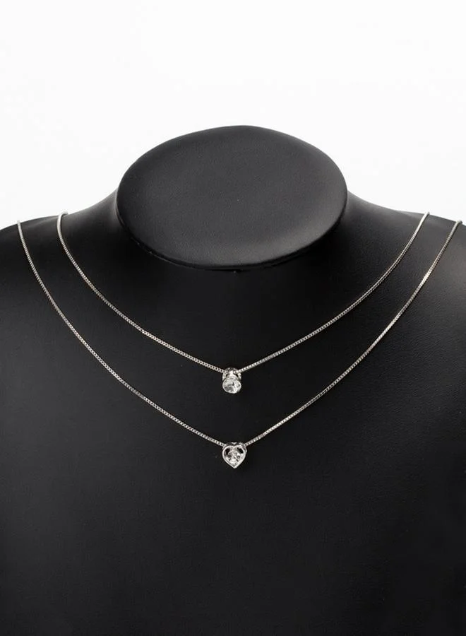 Take Two Women Silver Double Chain Necklace With Heart And Crystal Pendants